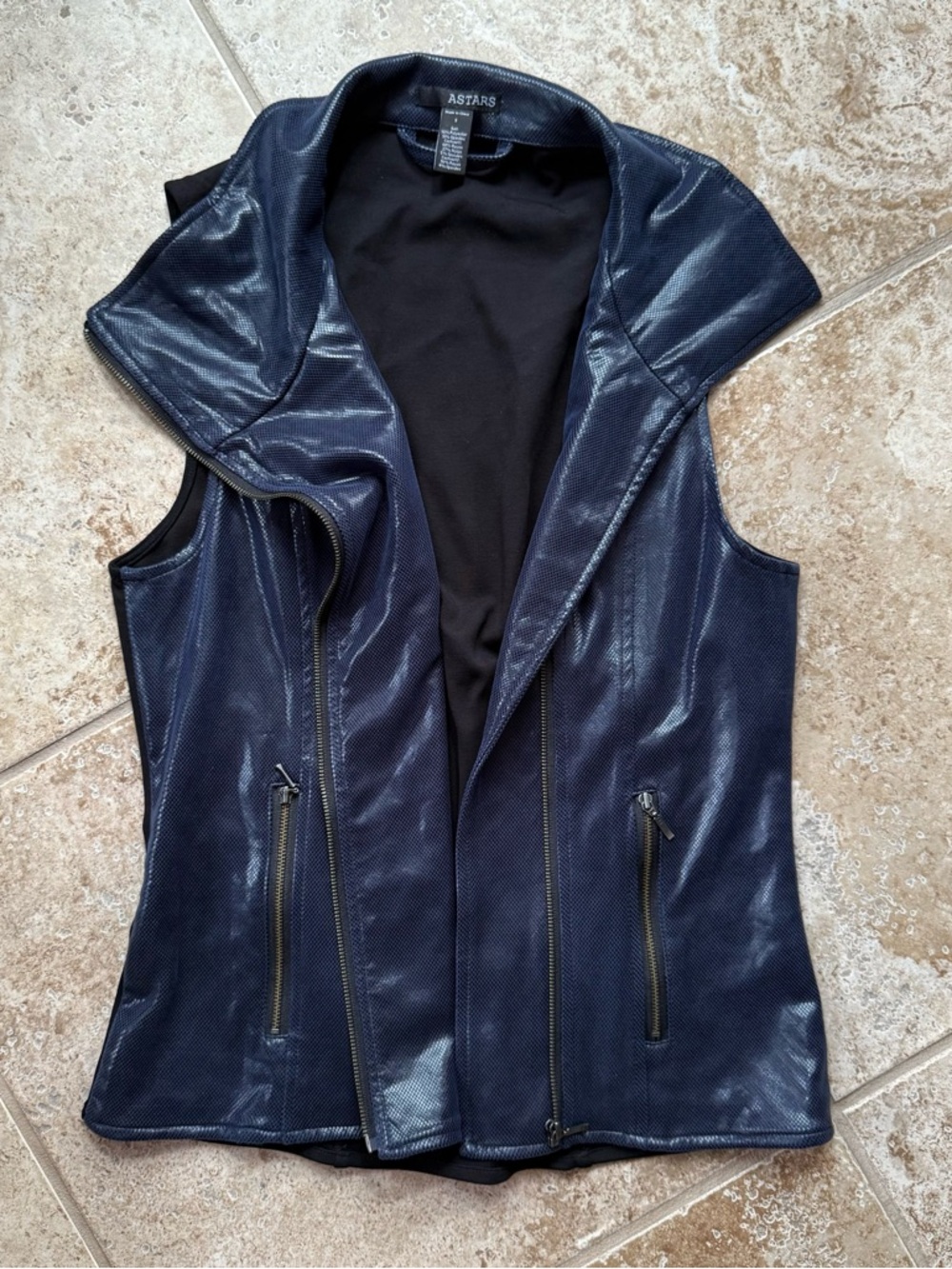 ASTARS Navy Faux-Leather Zip Front Vest